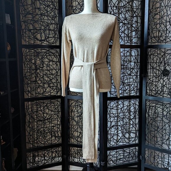 Ann Taylor Factory Petite XS Tan Sweater With Built-in Tie Belt EUC - Picture 8 of 10